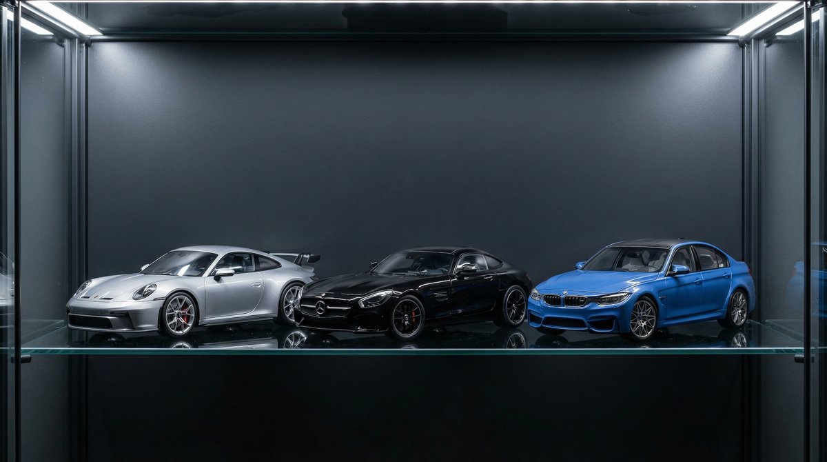 Колекционерски модели 1:18 на Porsche, Mercedes-Benz и BMW в стъклена витрина