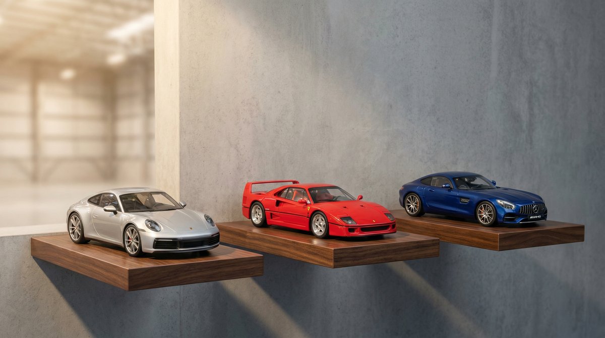 Склад на Models118 с колекционерски модели автомобили на рафтове