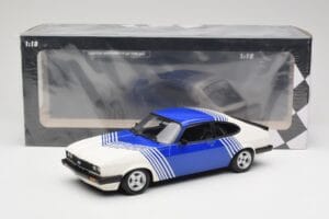 Ford Capri Mk2 3.0 Бял със Сини Ивици Minichamps 1:18 155788600 Метал — снимка 6 от 6