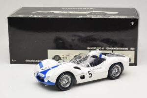 Maserati Tipo 61 #5 S. Moss / D. Gurney Camoradi ADAC 1000km Nurburgring Winner 1960 Minichamps 1:18 100601205 Метал — снимка 8 от 8